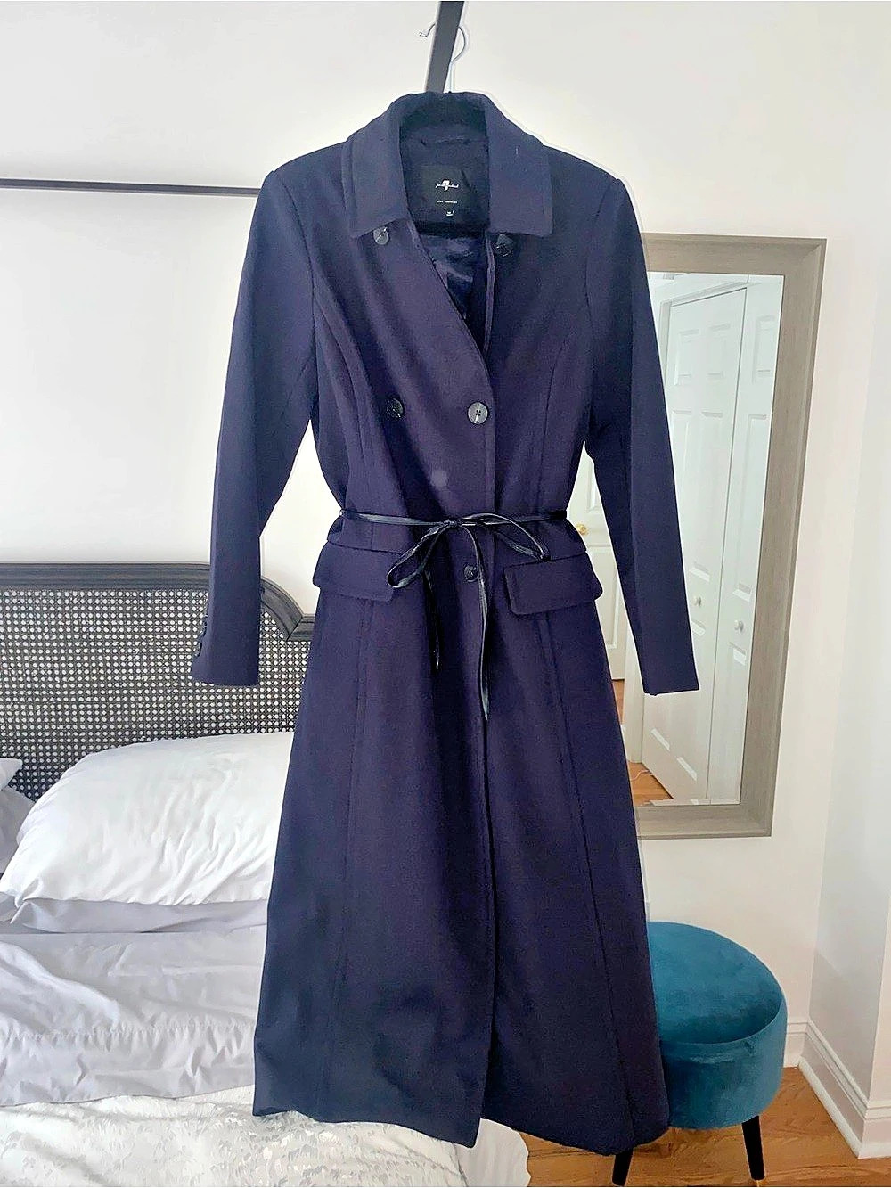 NWOT Seven for All Mankind Long Belted Trench Coat in Navy Size Medium